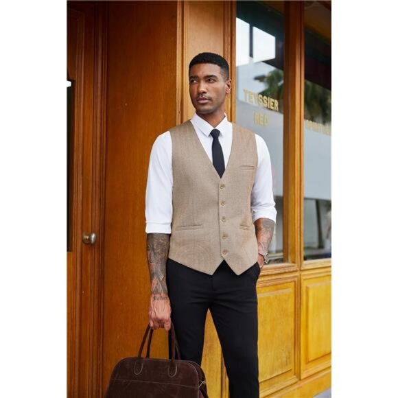 Men's Tweed Suit Vests Slim Fit Waistcoat Khaki - Picture 5 of 6